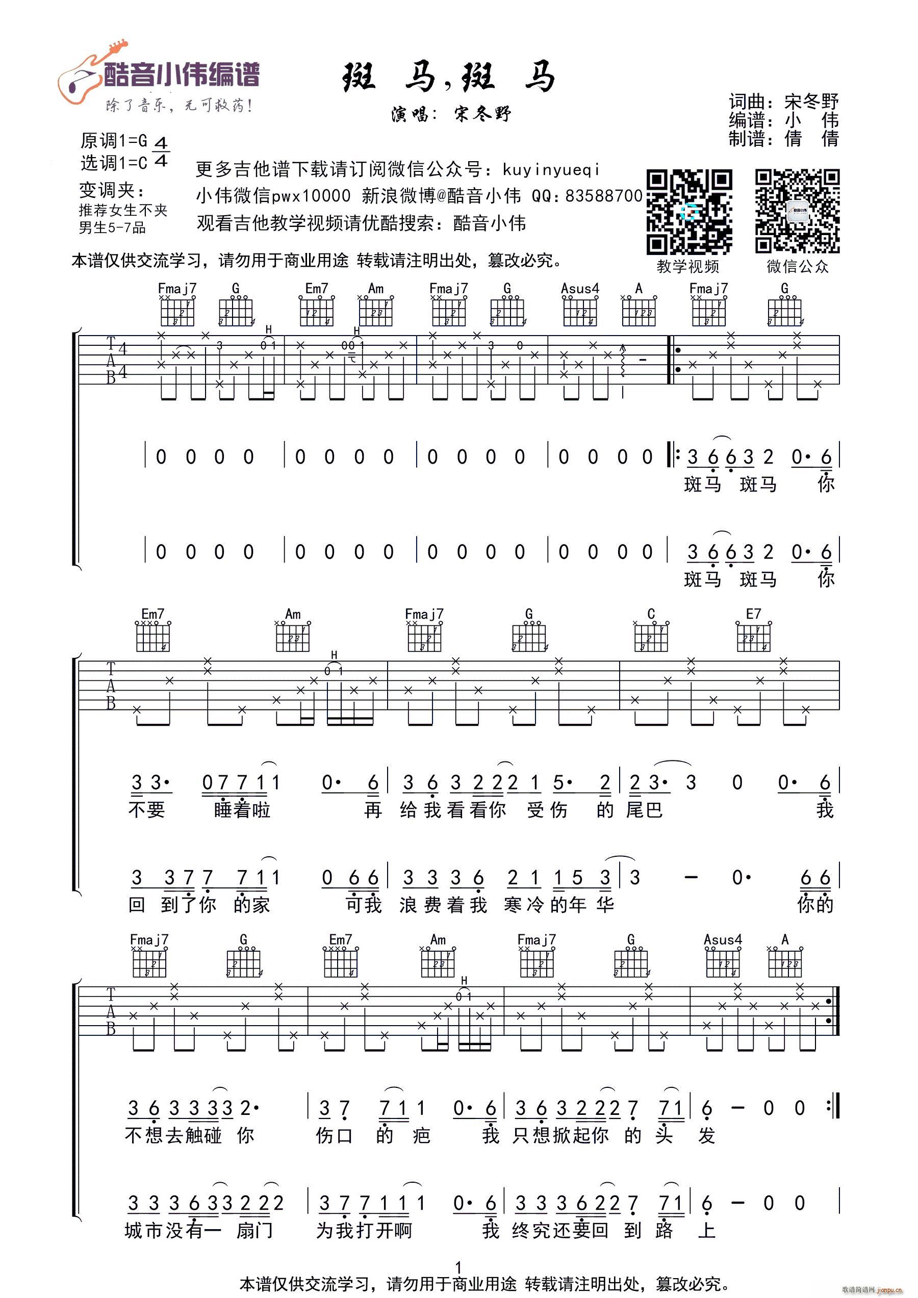 宋冬野   宋冬野 《斑马斑马》简谱