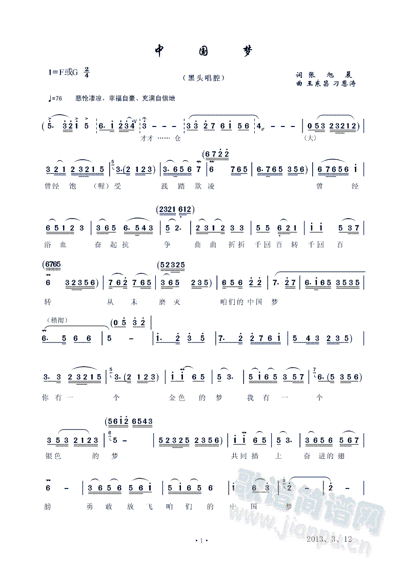 王东昌   中国梦作词 张旭晨作曲 王东昌 刁恩涛配器 李景阳演唱 周亚梅曾经饱受践踏欺凌曾经浴血奋起抗争曲曲折折千回百转从未磨灭咱们的中国梦你有一个金色的梦我有一个银色的梦共同插上奋进的翅膀勇敢放飞咱们的中国梦中国梦是幸福的梦中国梦是和谐的梦中国梦是繁荣的梦中国梦是富强的梦中国梦是民族复兴的梦中国梦是不再遥远的梦 《中国梦》简谱