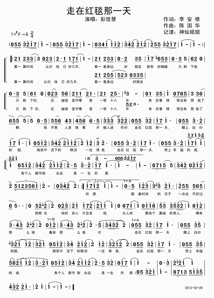 彭佳慧 《走在红毯那一天》简谱