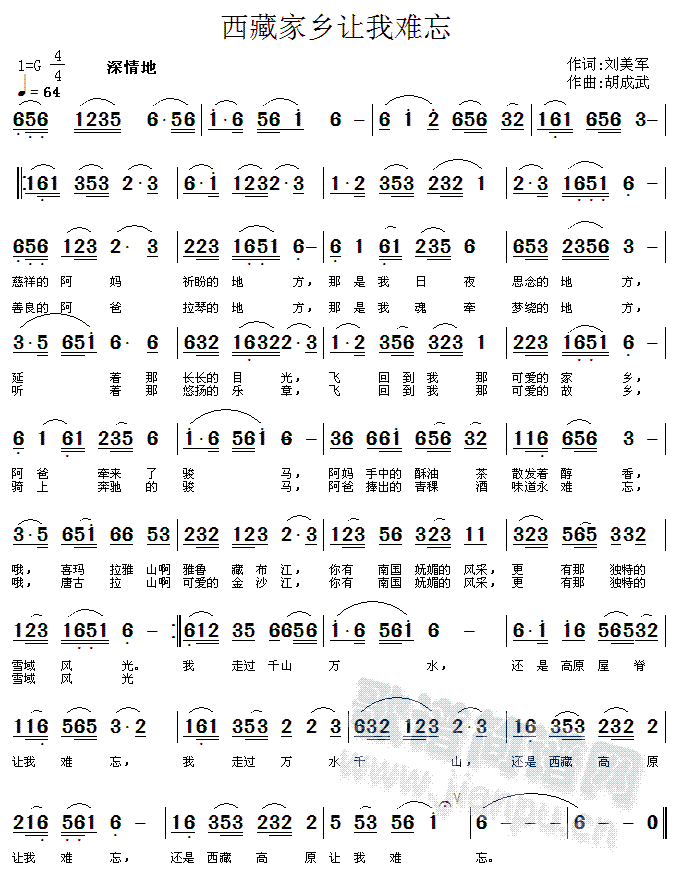 未知 《西藏家乡》简谱