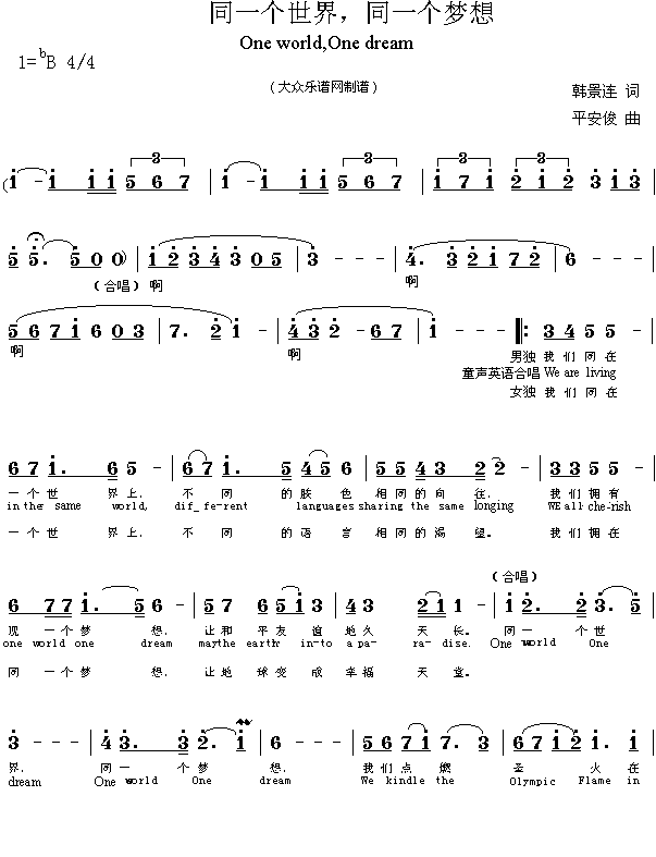 未知 《唱响奥运歌曲：同一个世界，同一个梦想（平安俊曲）new》简谱