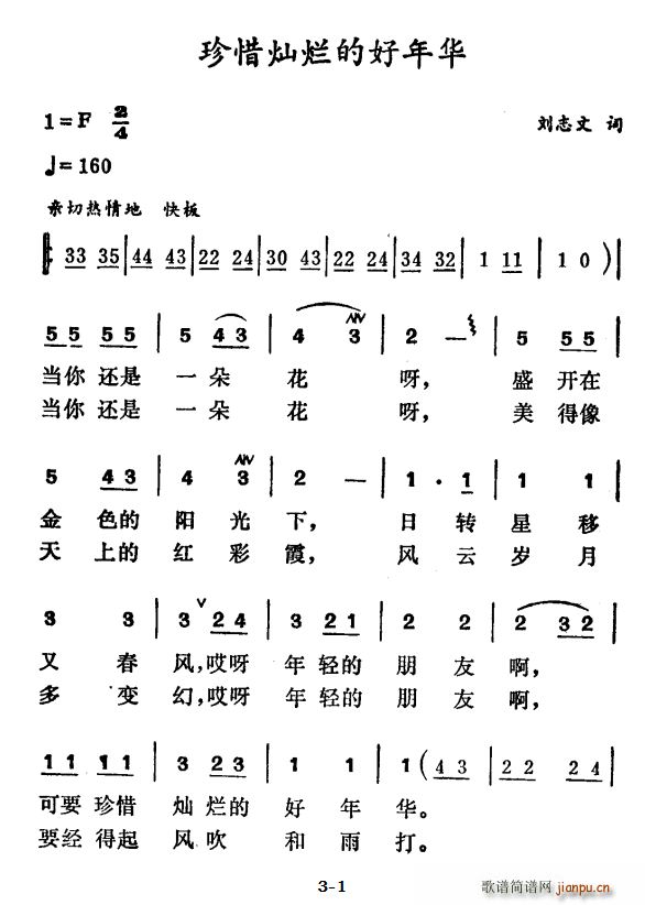 刘志文 《珍惜灿烂的好年华》简谱