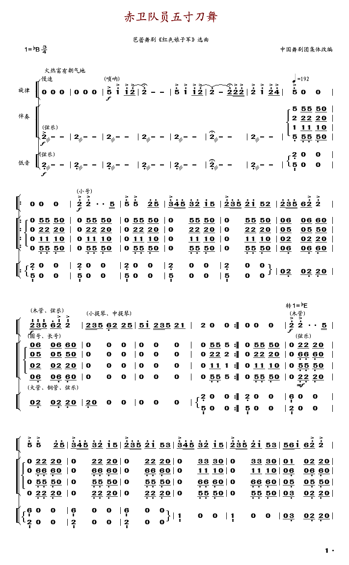 中国舞剧团 《赤卫队员五寸刀舞》简谱