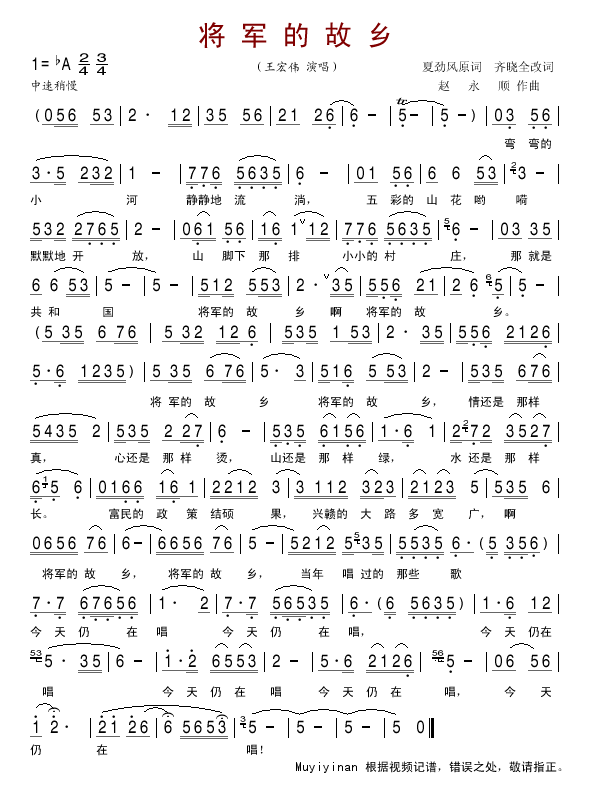 王宏伟 《将军的故乡》简谱