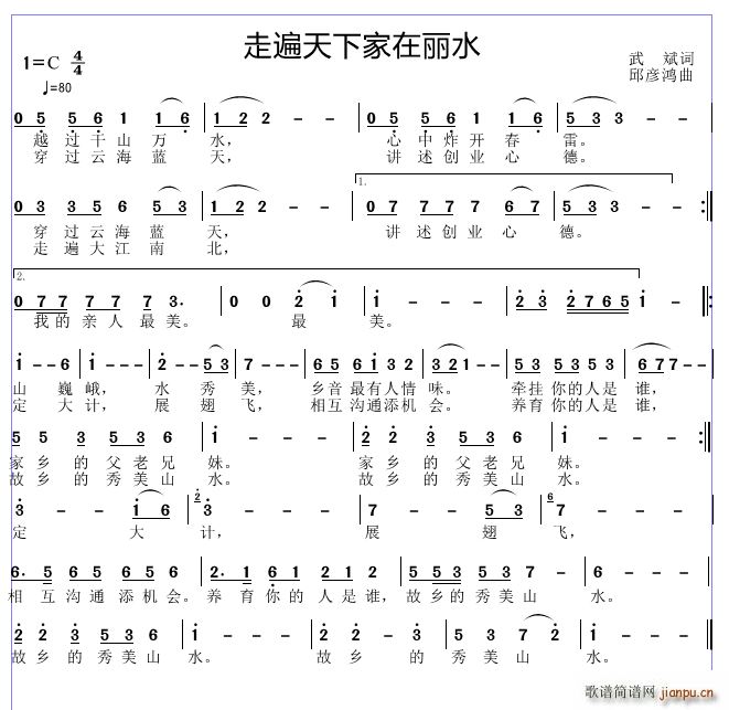 邱彦鸿   武斌 《走遍天下家在丽水》简谱