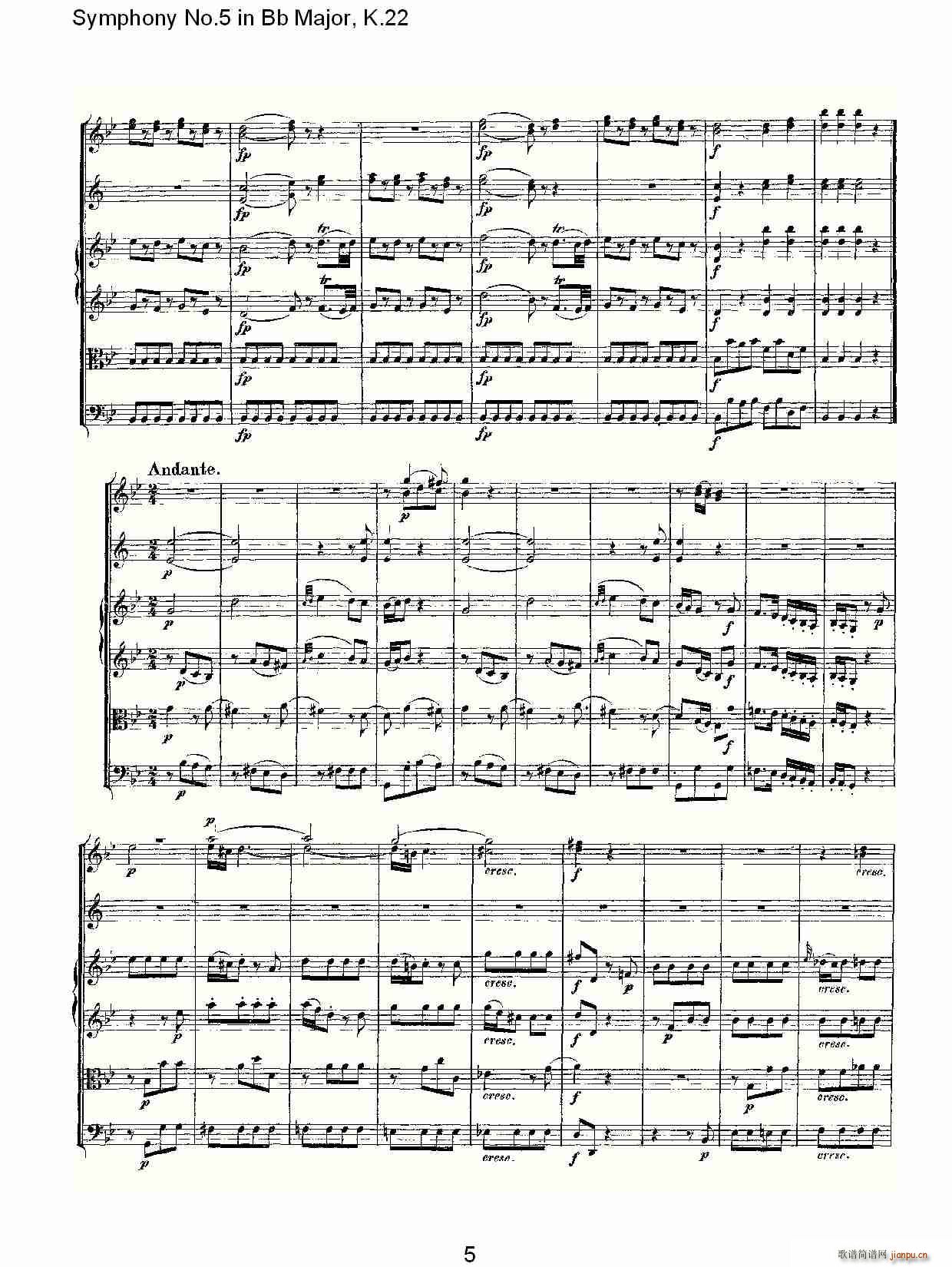 朴素传幽真 《Symphony No.5 in Bb Major, K.22（Bb大调第五交响曲K.22）》简谱