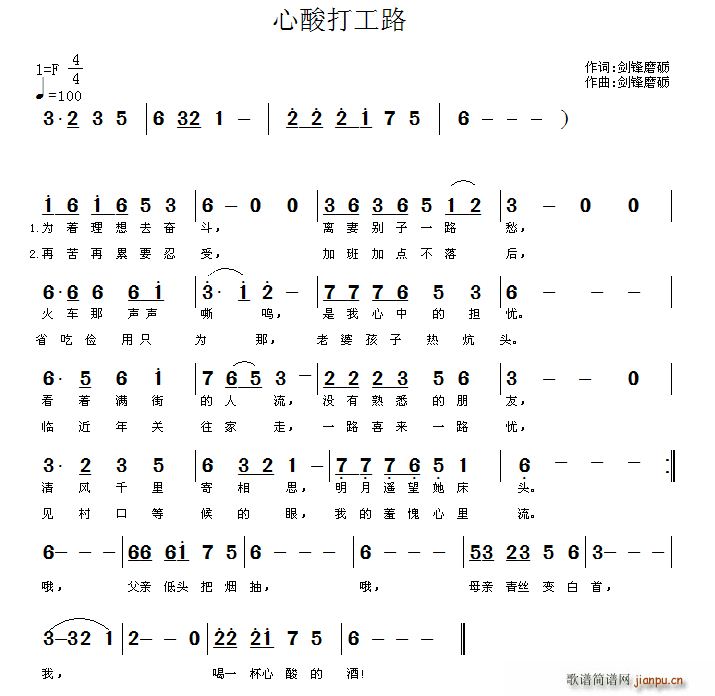 剑锋磨砺 《心酸打工路》简谱