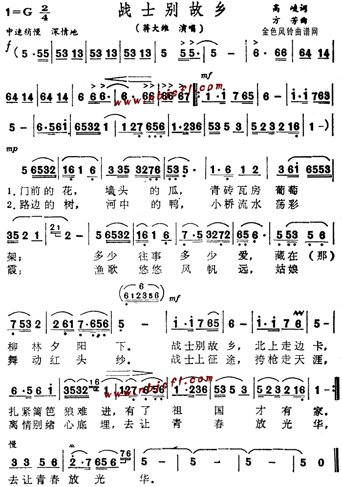 未知 《战士别故乡》简谱