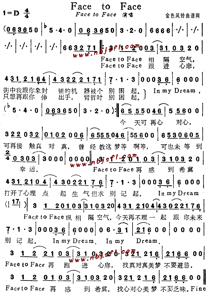 未知 《Face To Face(粤语)》简谱