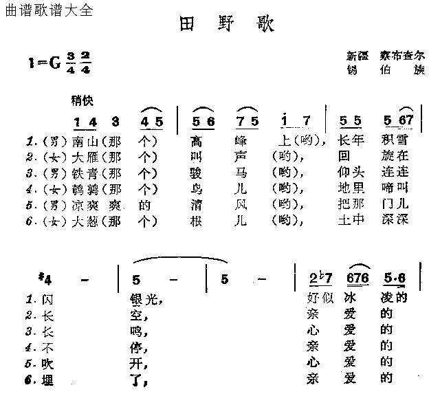 未知 《田野歌》简谱