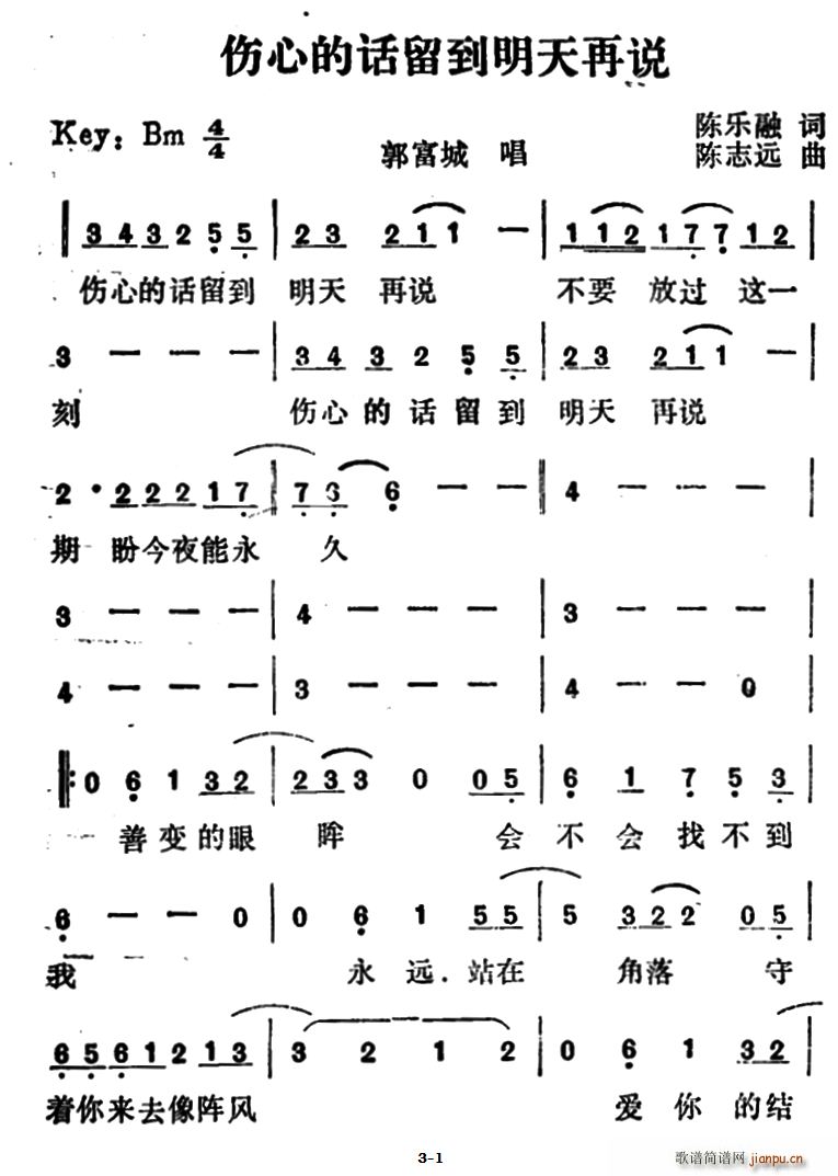 郭富城   陈乐融 《伤心的话留到明天再说》简谱