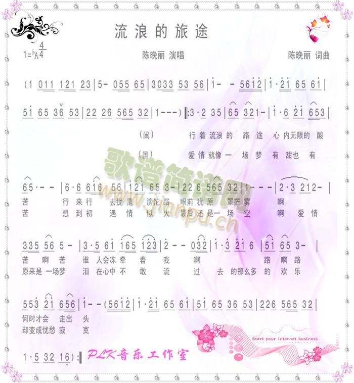 陈晚丽   PLK音乐工作室 陈晚丽原创歌曲1986 《流浪的旅途》简谱