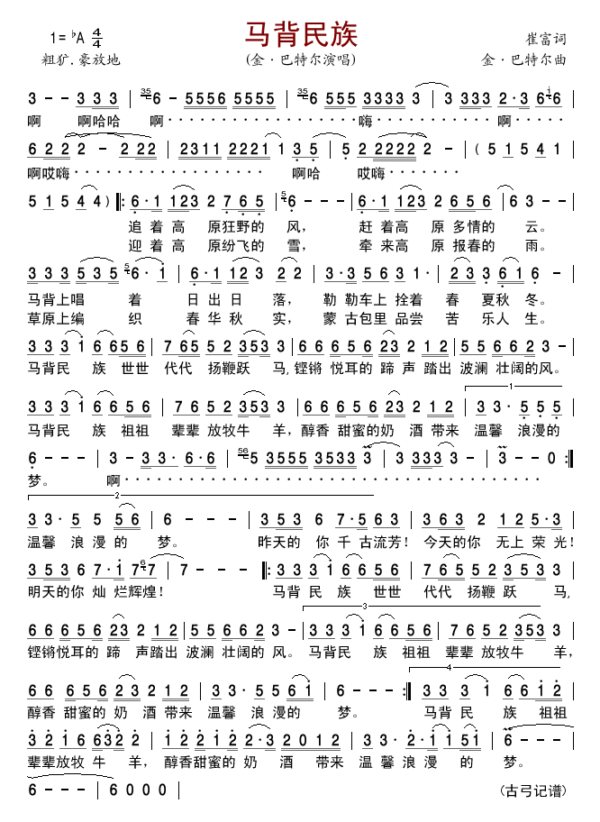 金•巴特尔 《马背民族》简谱