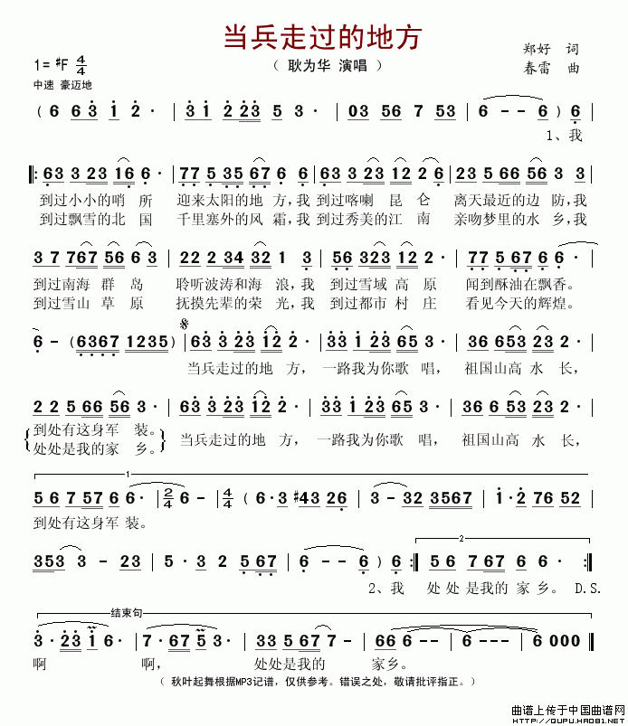 未知 《当兵走过的地方》简谱