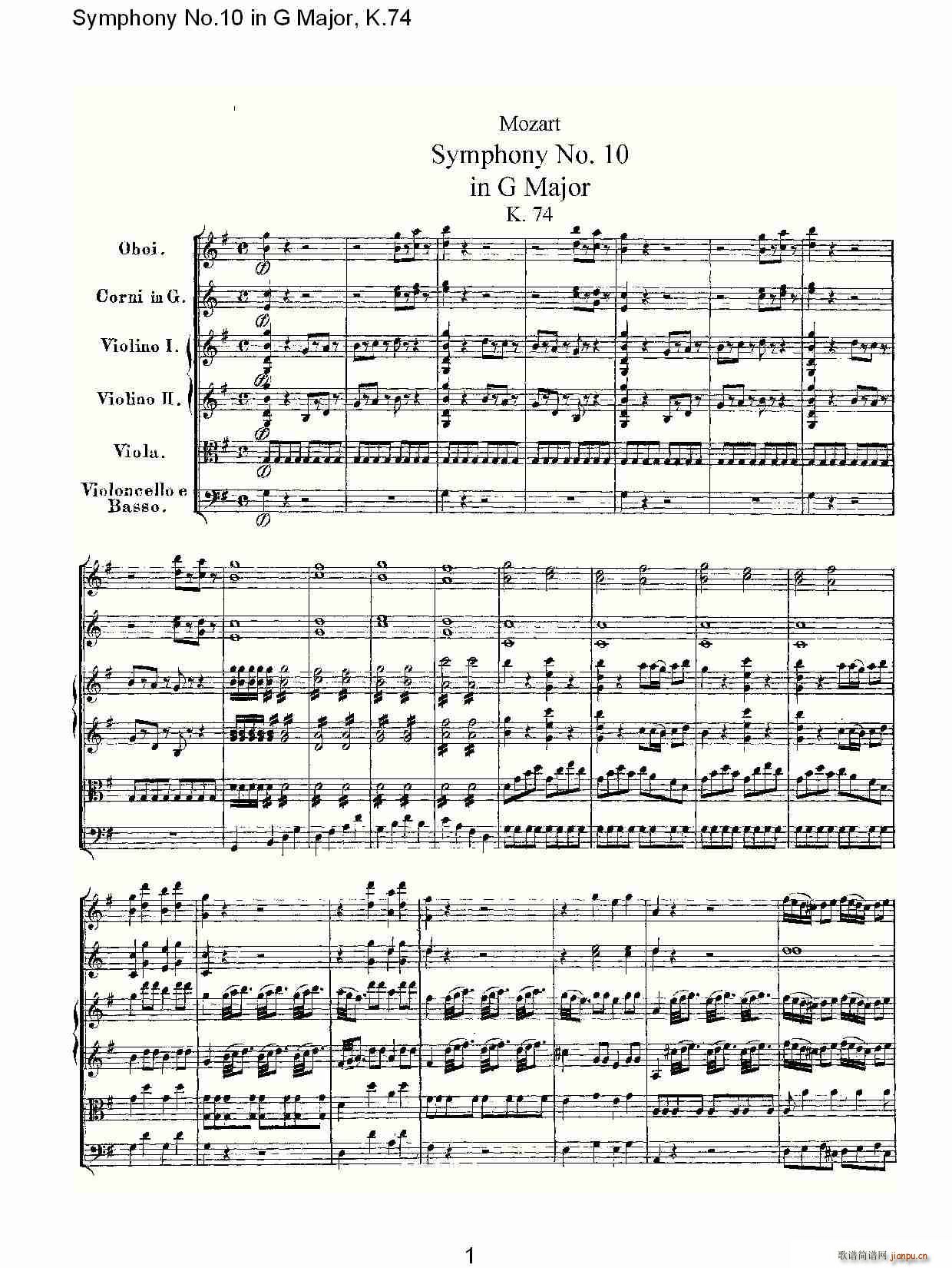 朴素传幽真 《Symphony No.10 in G Major, K.74（G大调第十交响曲K.74）》简谱