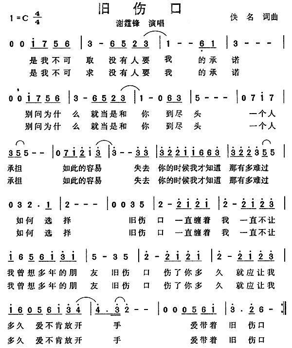 谢霆锋 《旧伤口》简谱