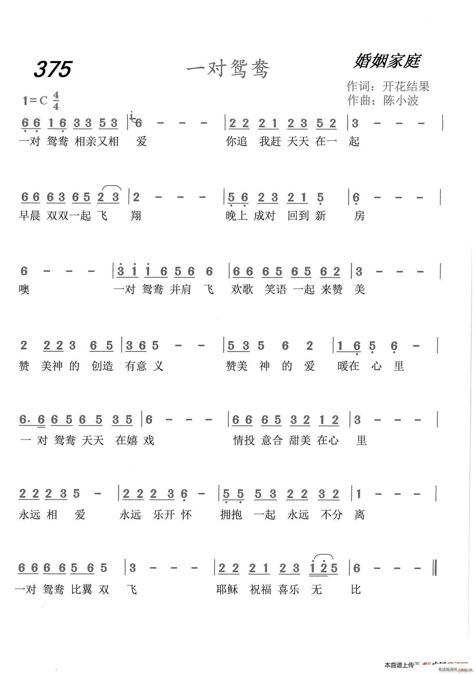 野地百合 陈小波   陈小波 开花结果 《375 一对鸳鸯（开花结果词 曲）》简谱