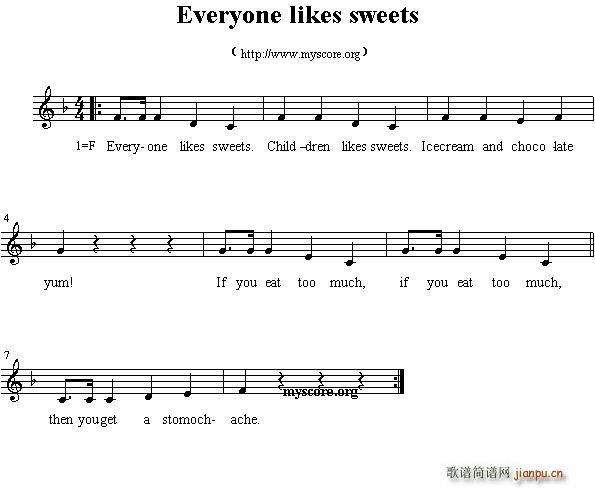 未知 《Everyone likes sweets（英文儿歌、五线谱）》简谱