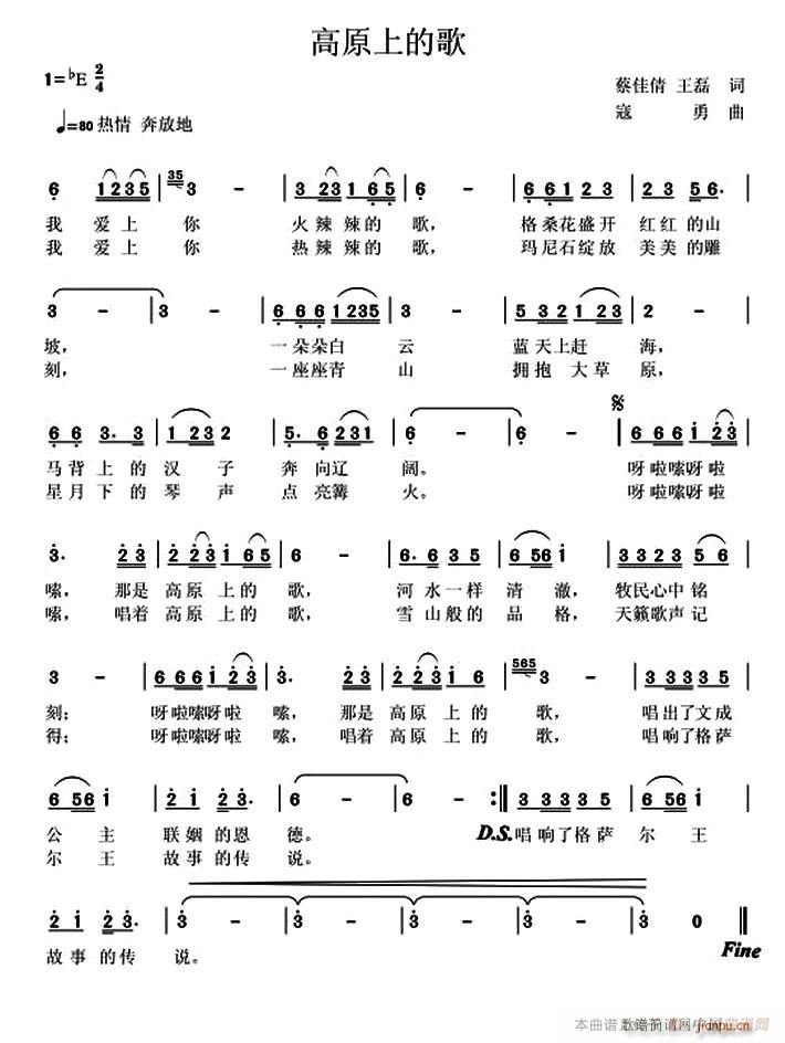 未知 《高原上的歌》简谱