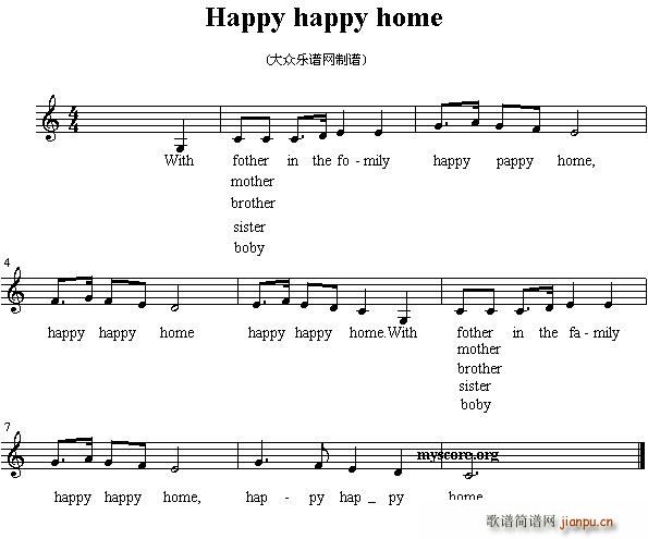 未知 《Happy happy home（英文儿歌、五线谱）》简谱