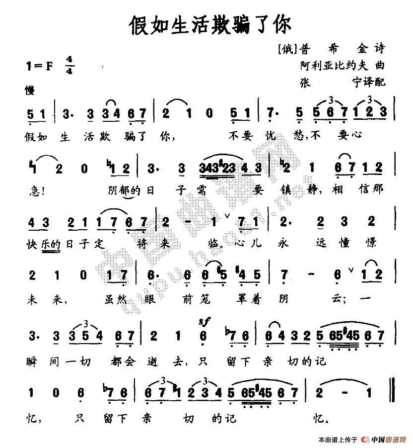 未知 《假如生活欺骗了你》简谱