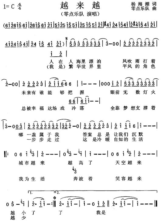 零点乐队 《越来越》简谱