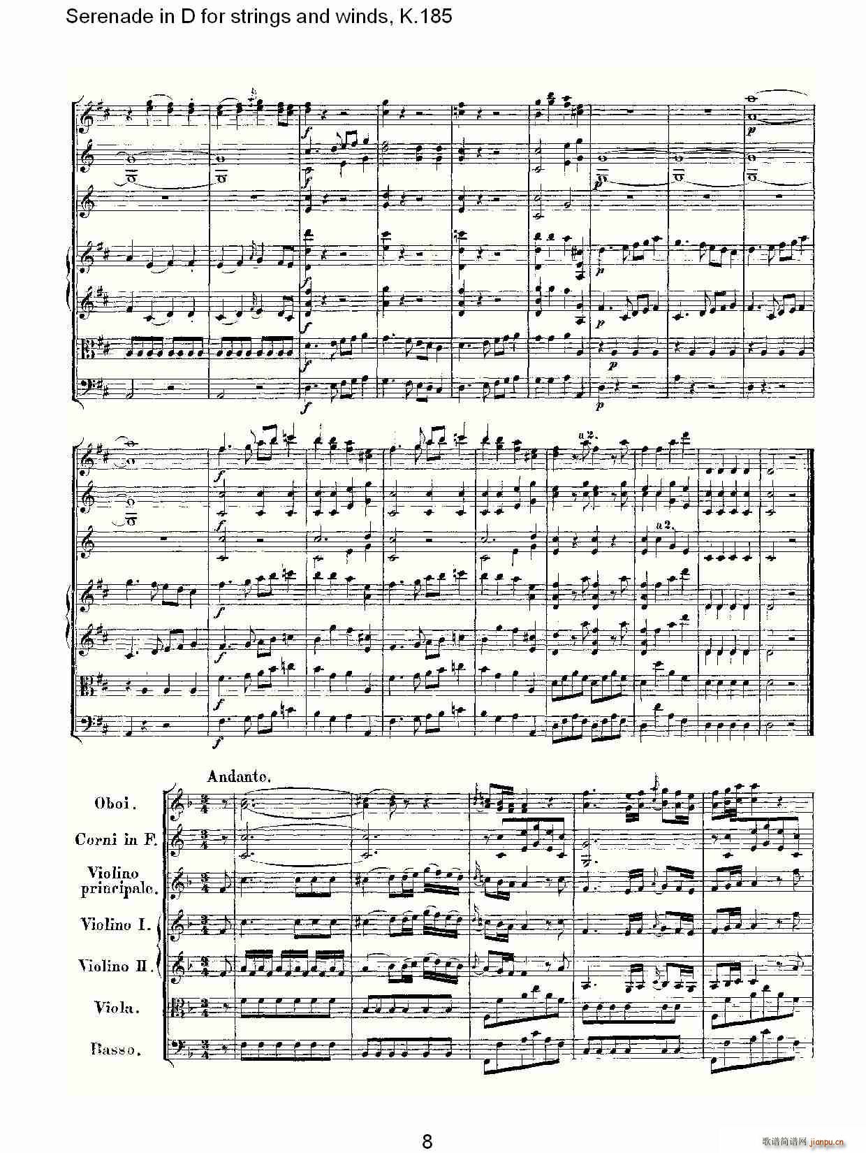 沃尔夫冈·阿马多伊斯·莫扎特   朴素传幽真 《Serenade in D for strings and winds, K.185（D调管弦乐小）》简谱