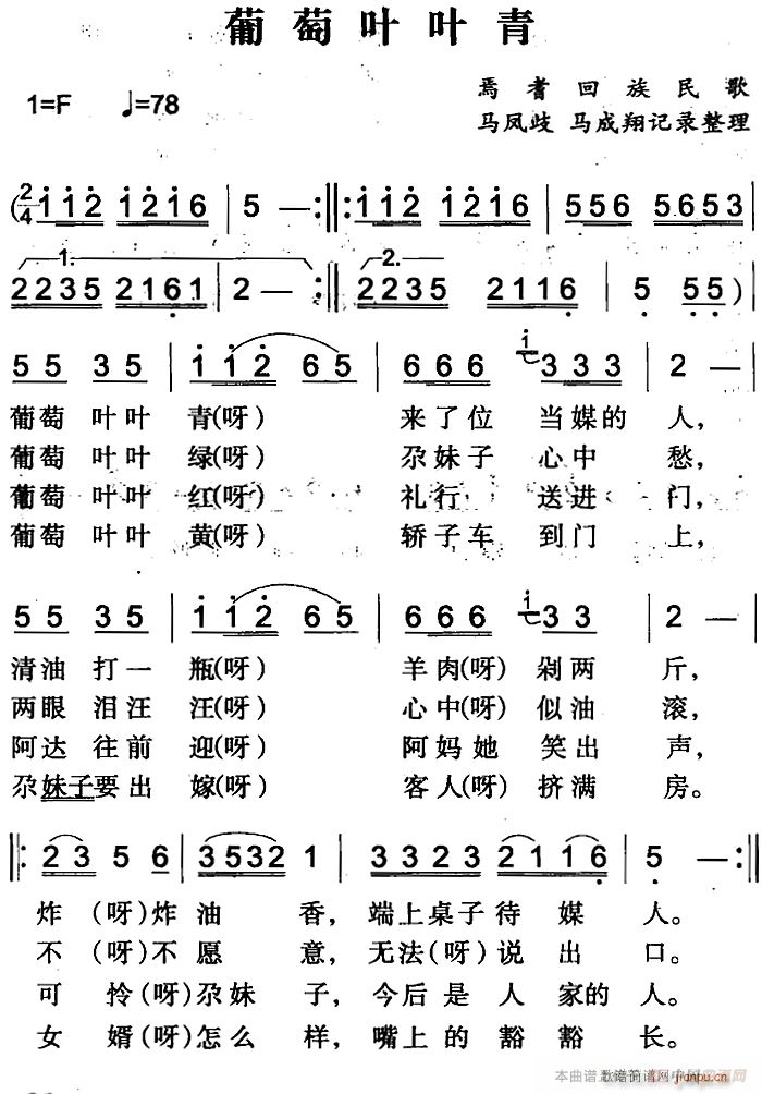 未知 《葡萄叶叶青》简谱