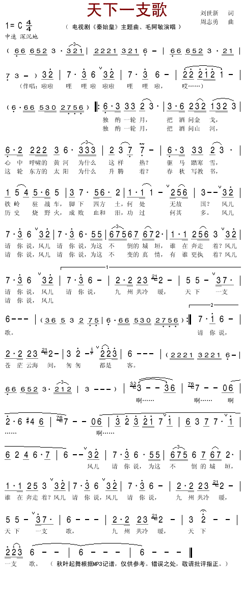 毛阿敏 《秦始皇》简谱