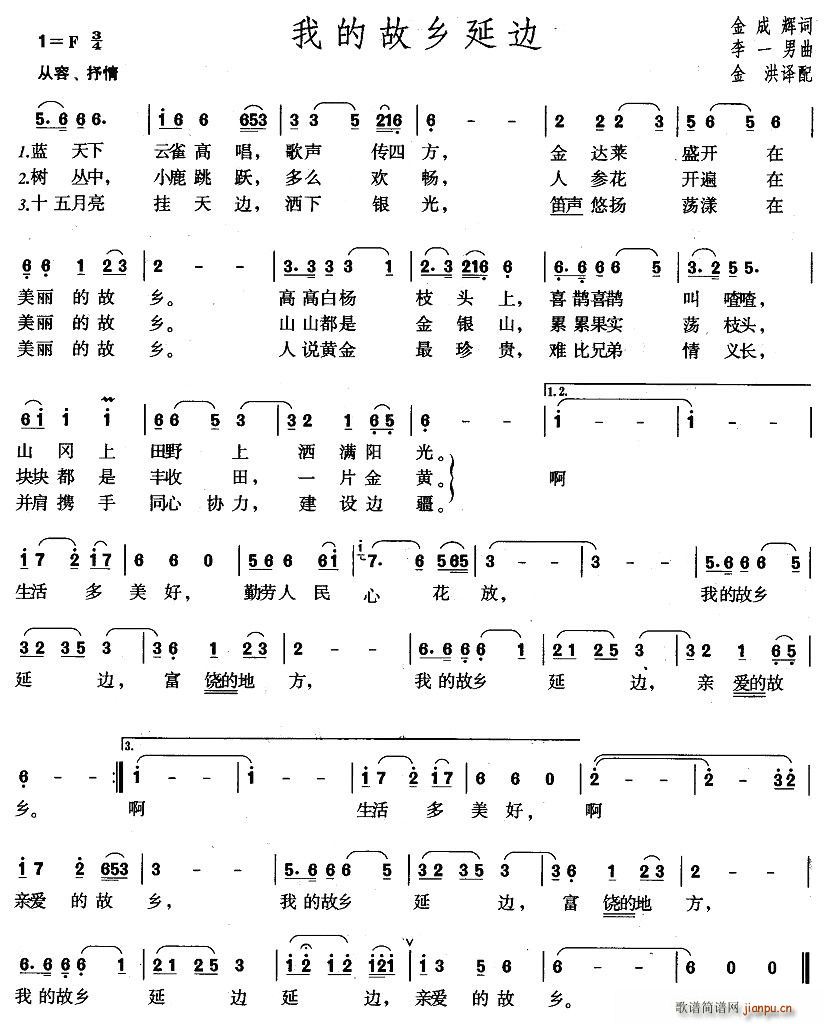 金成辉 《我的故乡延边》简谱
