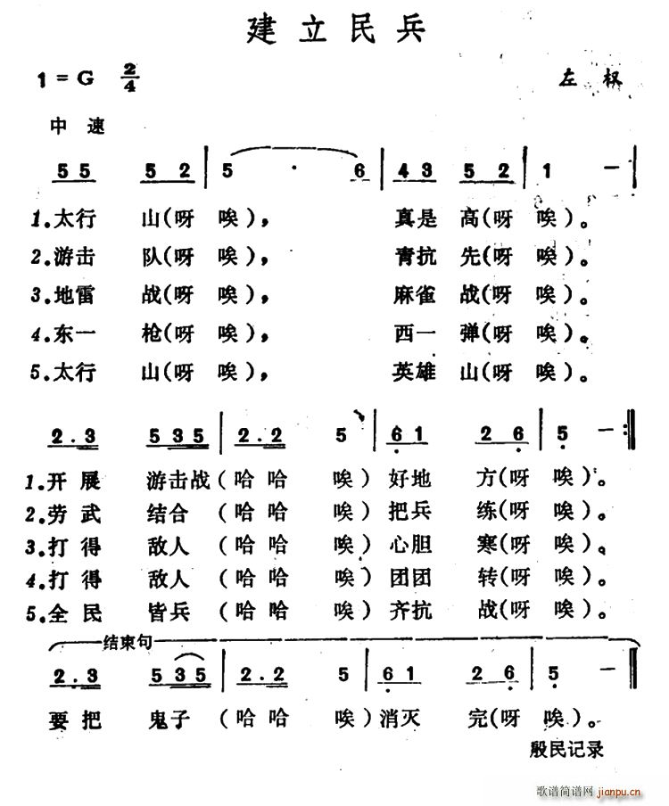 未知 《建立民兵》简谱