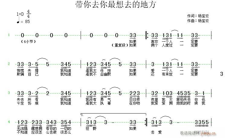 杨宝云a  《带你去你最想去的地方》 《带你去你最想去的地方》简谱