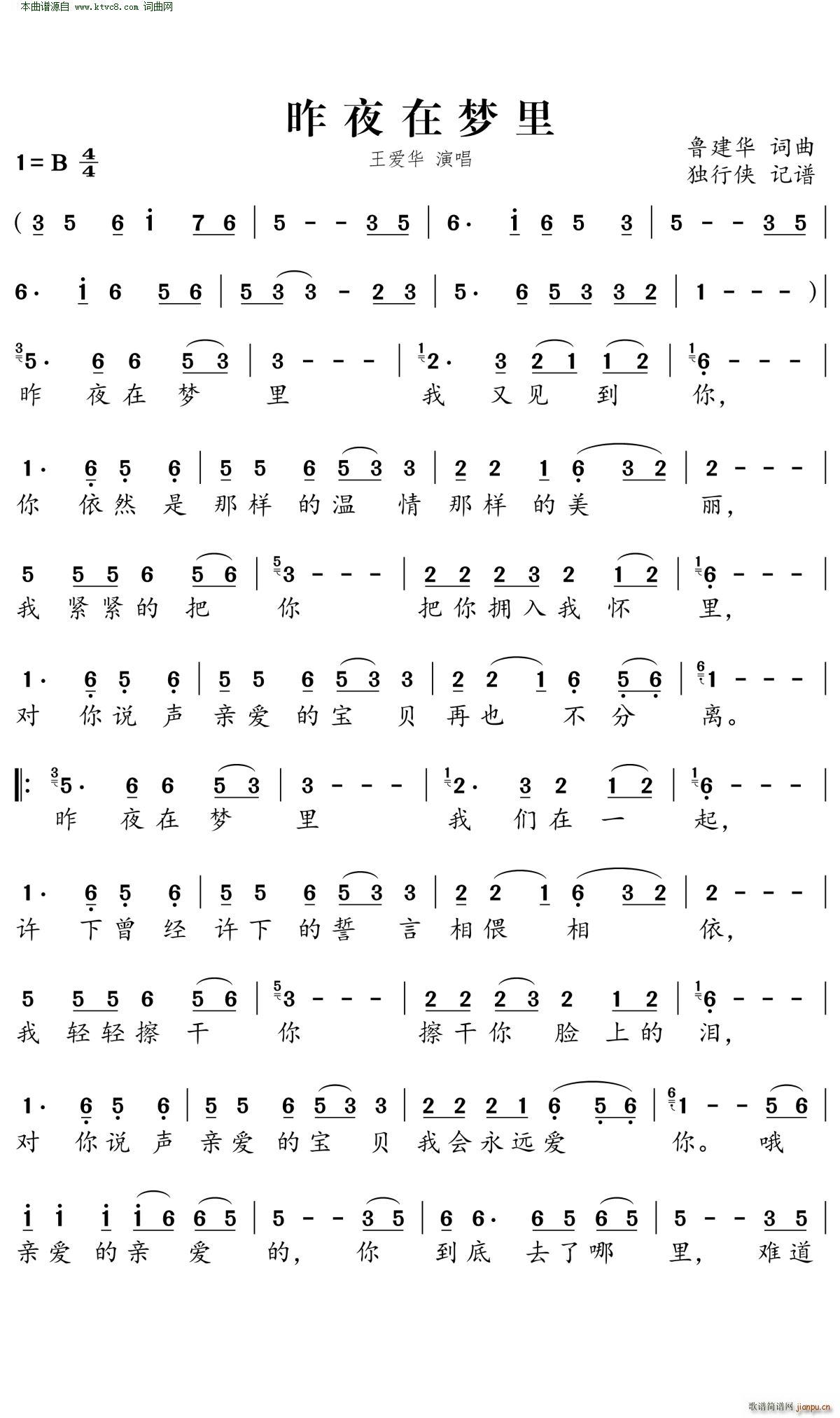 王爱华   鲁建华 鲁建华 《昨夜在梦里》简谱