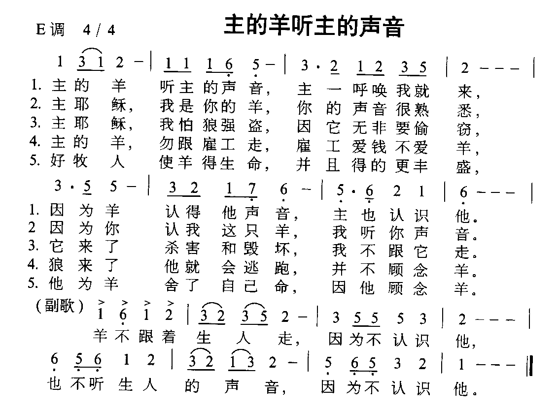 未知 《主的羊听主声音》简谱