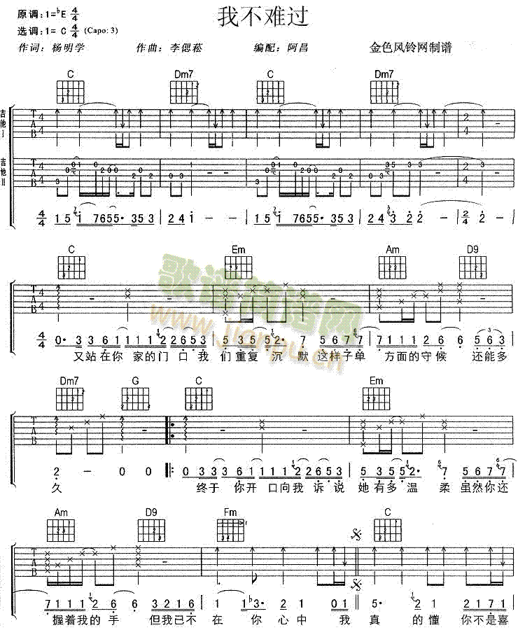 未知 《我不难过》简谱