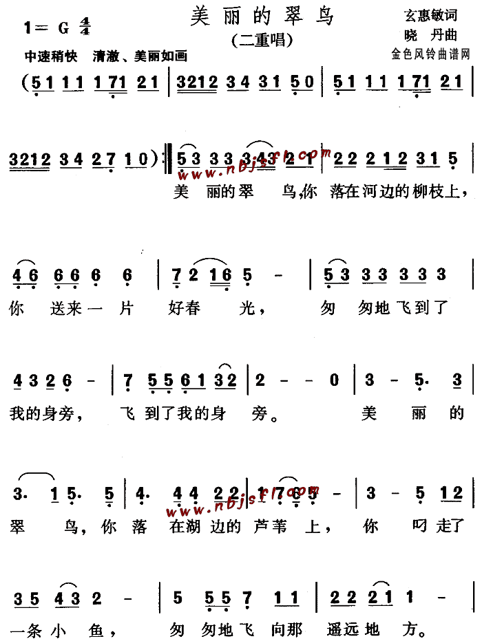 未知 《美丽的翠鸟(儿童歌)》简谱