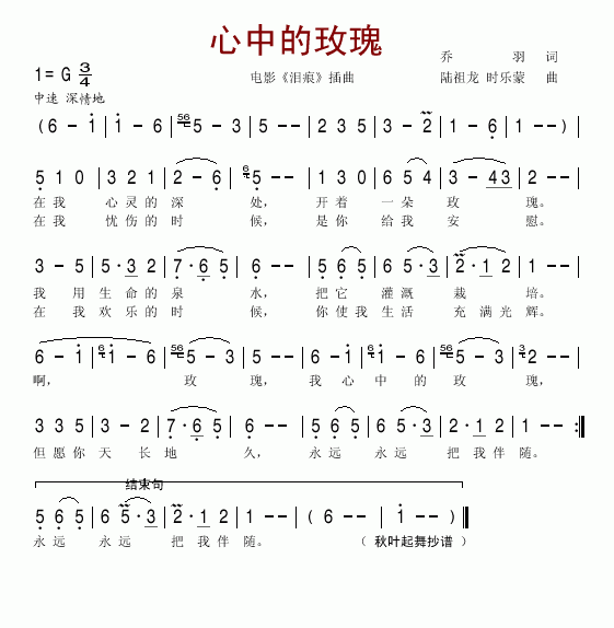 电影《泪痕》插曲 《心中的玫瑰》简谱