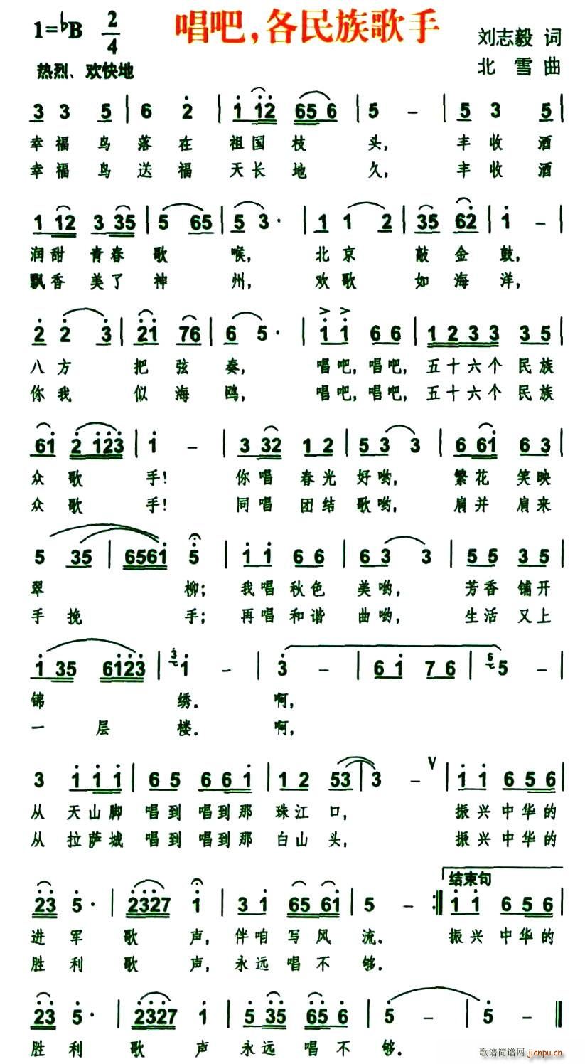 刘志毅 《唱吧，各民族歌手》简谱