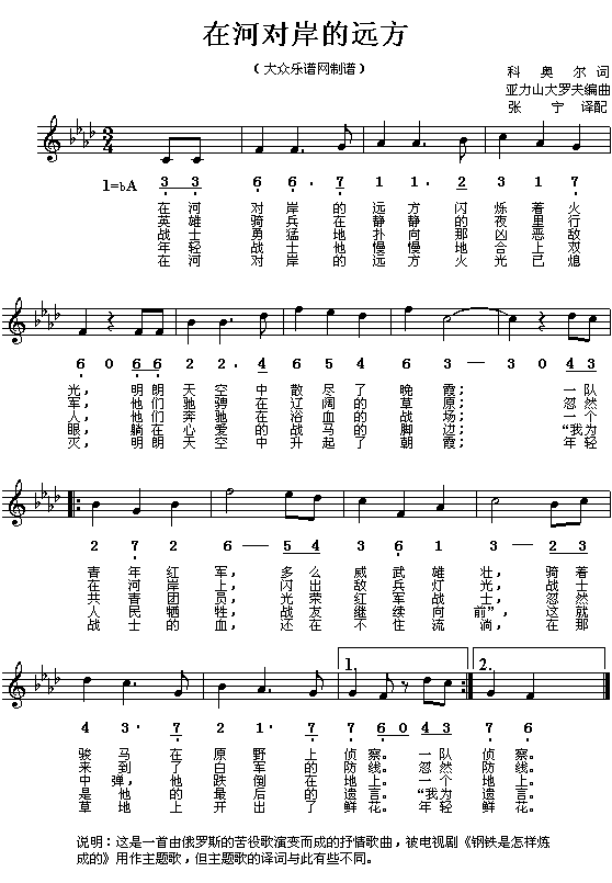 未知 《在河对岸的远方》简谱