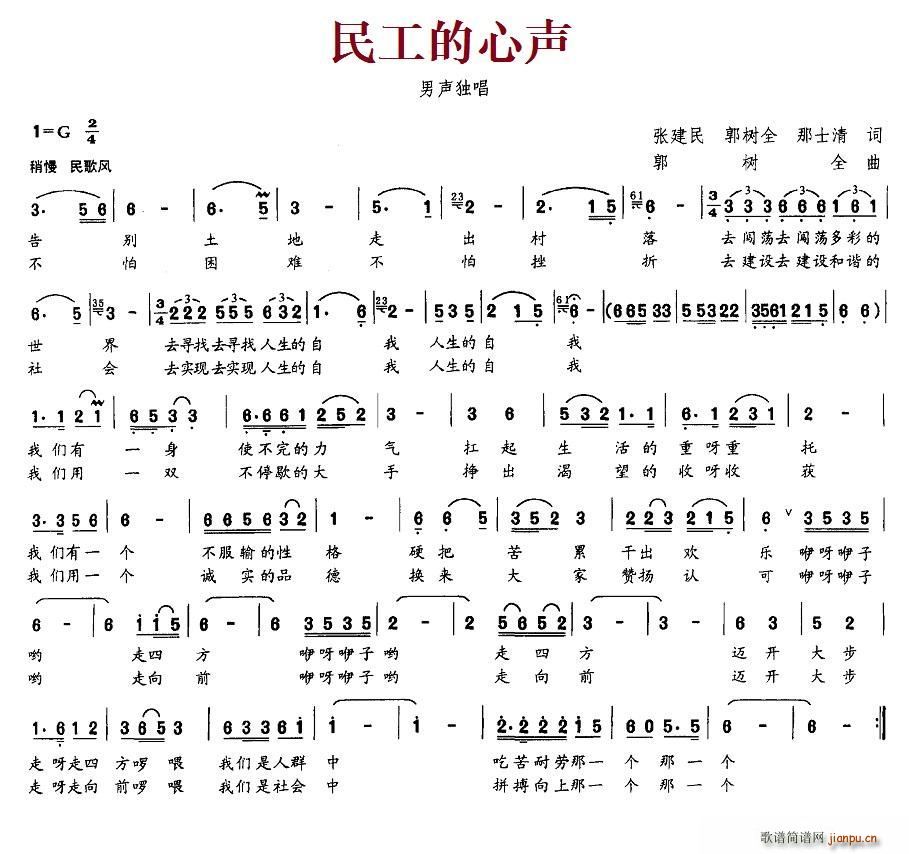 未知 《民工的心声》简谱