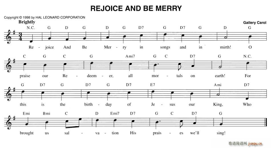 未知 《REJOICE AND BE MERRY（五线谱）》简谱