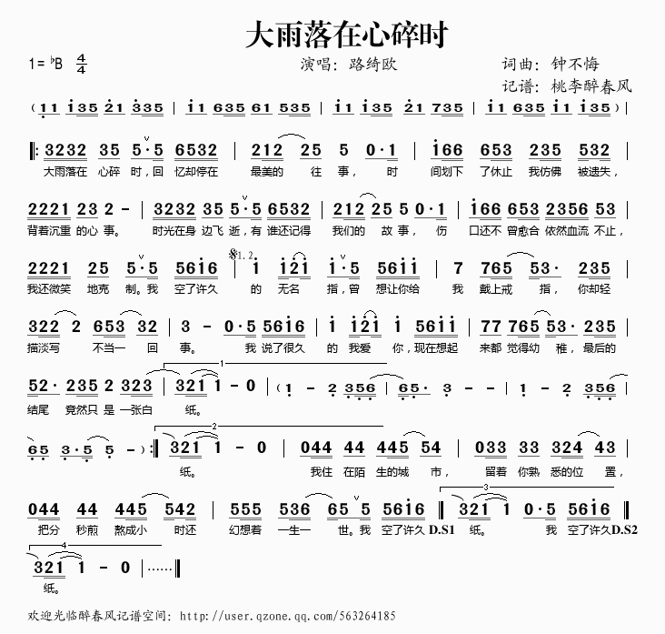 路绮欧 《大雨落在心碎时》简谱