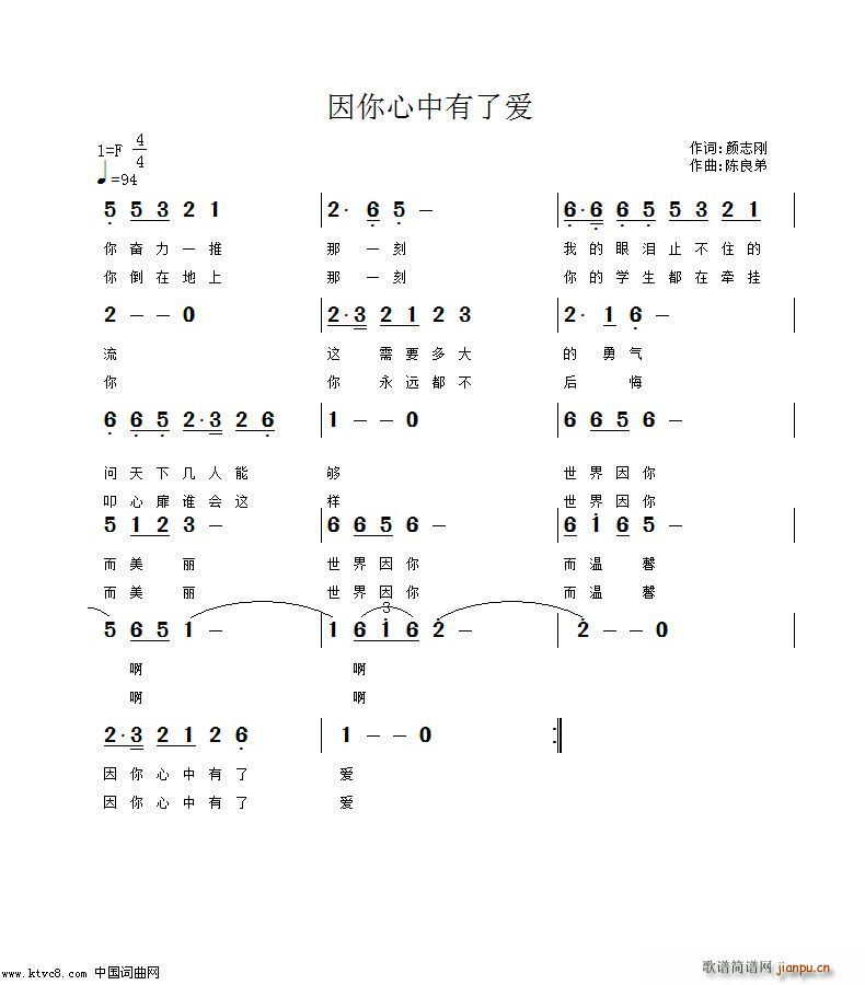 未知 《因你心中有了爱》简谱