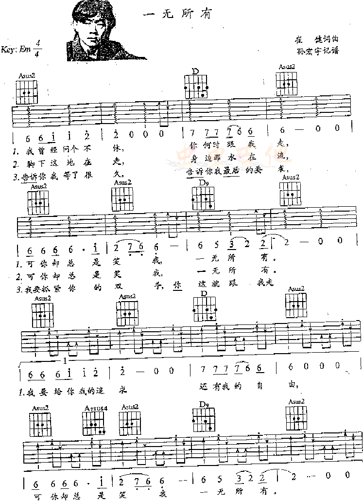 崔健   发布: 2004-11-10 ?? 网评:  (2票) 《一无所有-认证谱》简谱