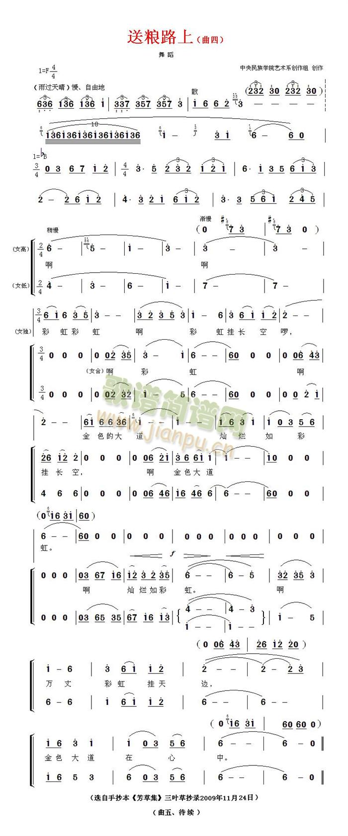 中央民族学院艺术系演唱演奏 《送粮路上 —（曲四）》简谱