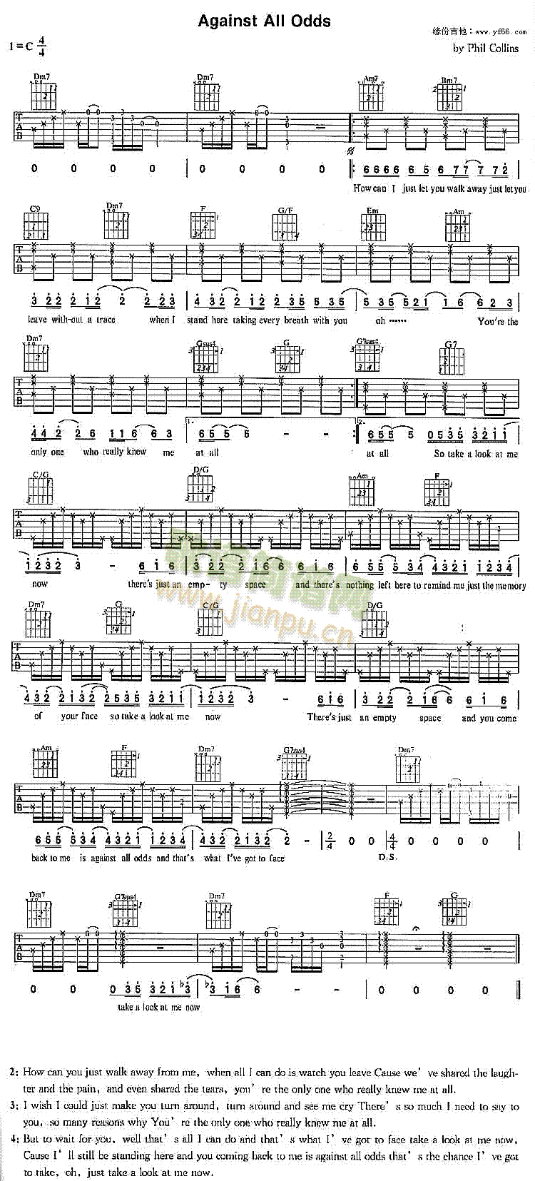 未知 《Against All Odds》简谱