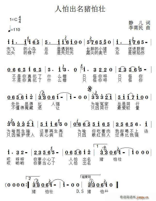 李需民 静儿 《人怕出名猪怕壮》简谱