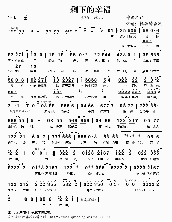 泳儿 《剩下的幸福》简谱