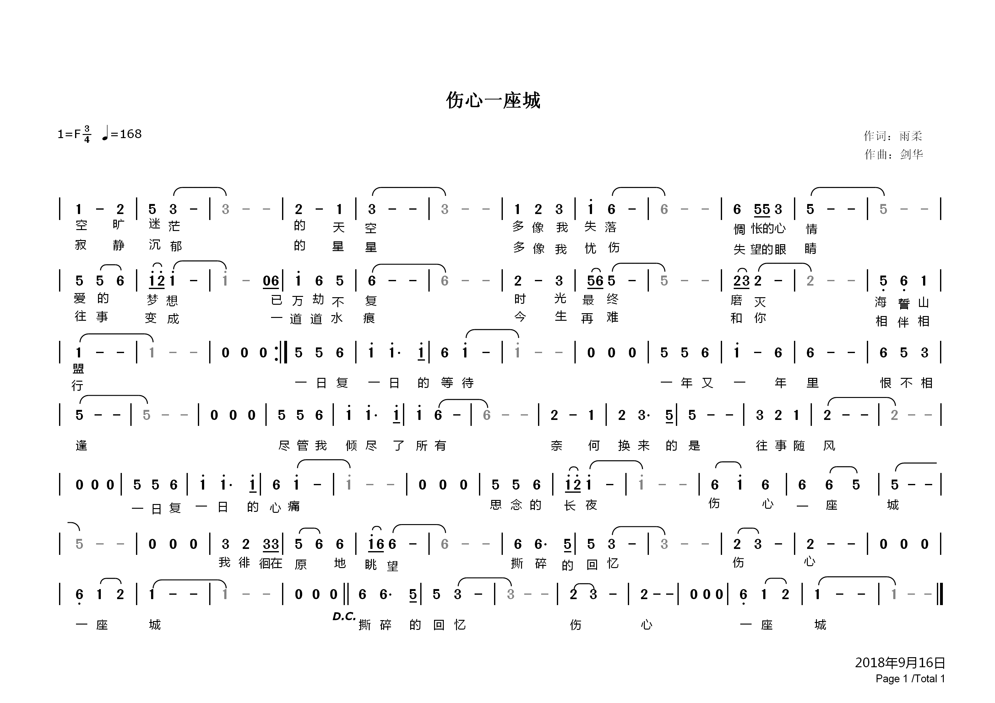 刘剑华 雨柔 《伤心一座城》简谱