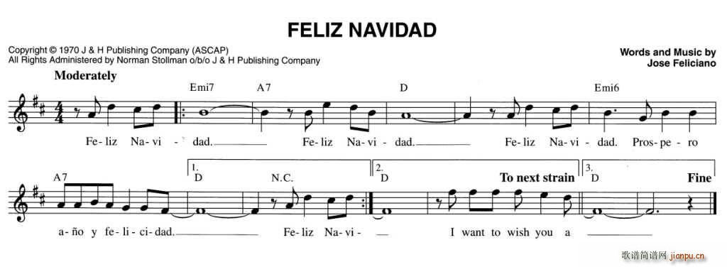 未知 《FELIZ NAVIDAD（五线谱）》简谱